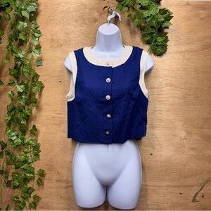 Avec Les Filles Navy Linen Vest with Cream Accents